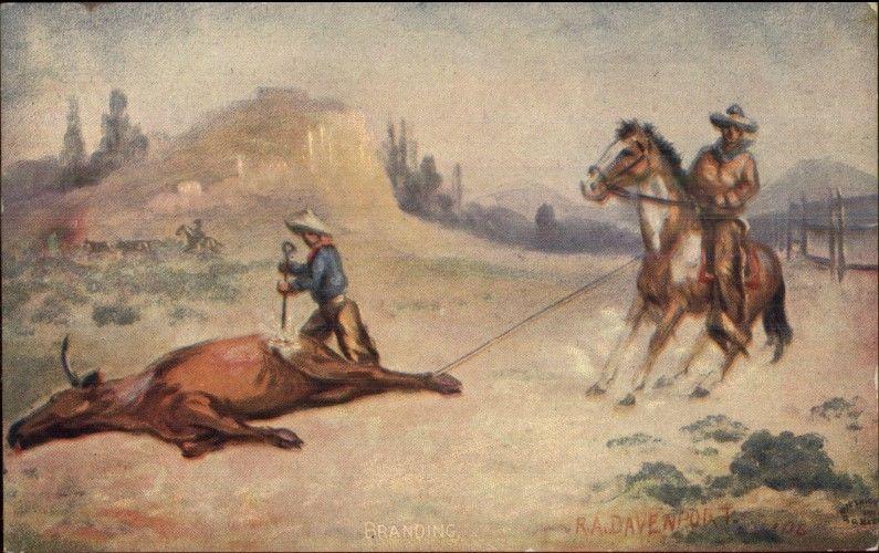 Cowboy Artist RA Davenport - Branding Cattle c1910 Postcard 