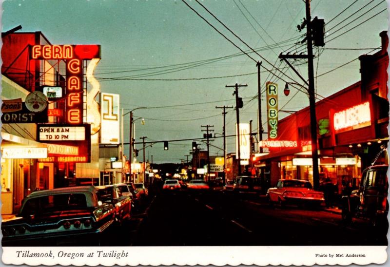 Tillamook Oregon OR Fern Cafe Roby's Furniture Old Cars Vintage Postcard D35