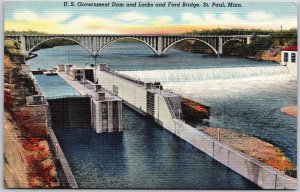 U.S. Government Dam & Locks and Ford Bridge St. Paul Minnesota MN Postcard