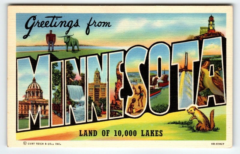 Greetings From Minnesota Large Letter Postcard Land Of 10,000 Lakes Unused