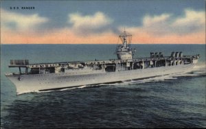 US Aircraft Carrier RANGER WWII Era Linen Postcard