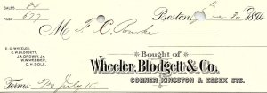 1894 WHEELER BLODGETT & CO BOSTON MA CORNER KINGSTON ST INVOICE BILLHEAD Z4213