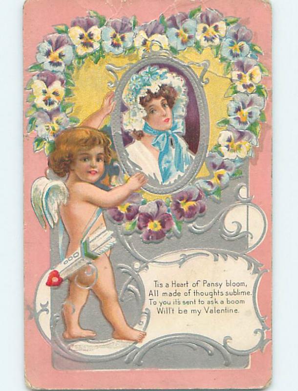 Divided-Back valentine CUPID CARRIES FRAMED PICTURE OF PRETTY GIRL r4211