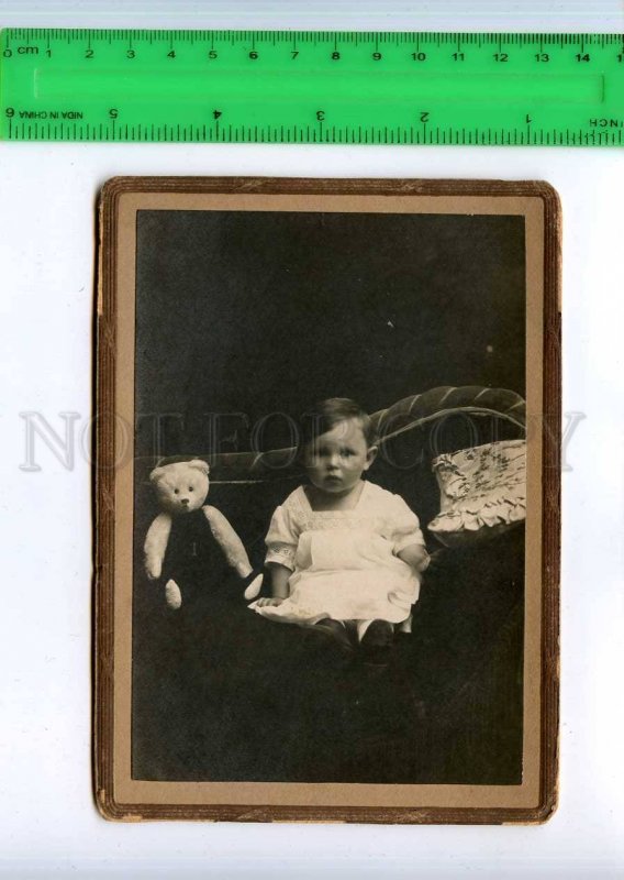 254752 RUSSIA child white TEDDY BEAR 1919 year CABINET PHOTO