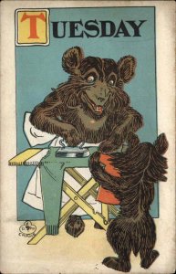 Day of the Week Bears Fantasy Tuesday Ironing c1910 Postcard CRANE