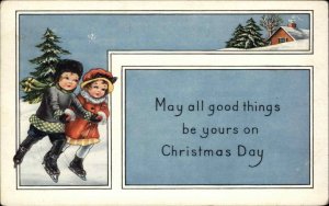 Whitney Christmas Boy and Girl Ice Skating No. 3 of 6 Vintage Postcard