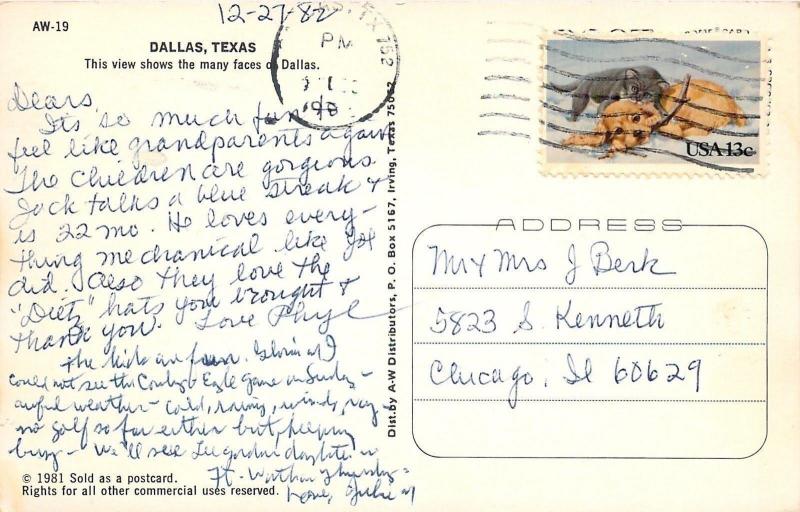 Dallas Texas~City Scenes~Skyline~Fountain~Statue~Bells~1982 Postcard