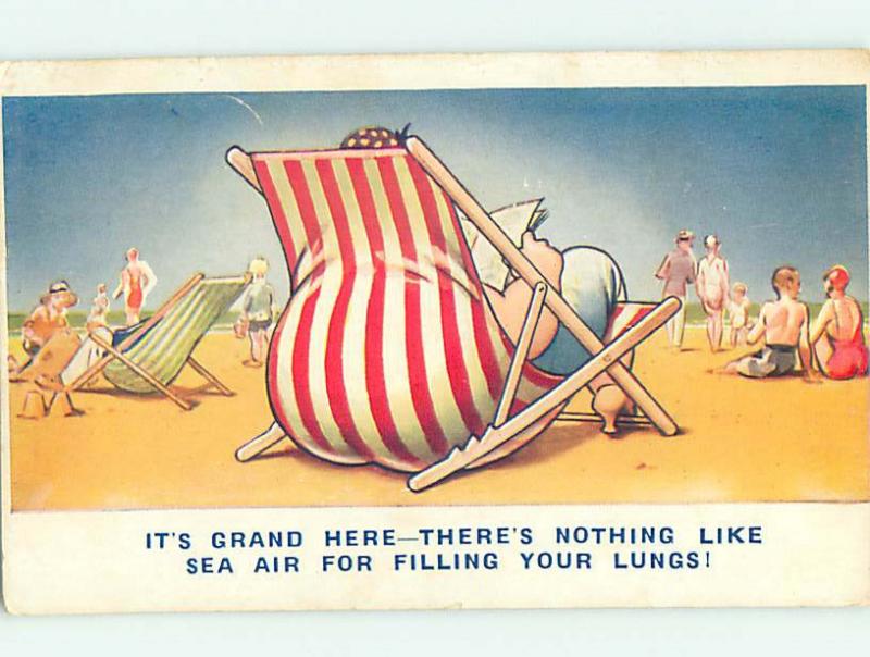 Bamforth comic FAT WOMAN SITTING ON STRAIGHT CHAIR AT BEACH HJ2851