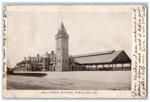 1905 Union Station Building Tower Clock Shed Horse Carriage Portland ME Postcard