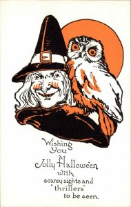 Halloween Owl & Witch Series 1133 c1915 Postcard EXC COND #2