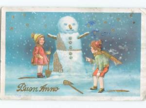 foreign Old Postcard signed ITALIAN KIDS BUILD SNOWMEN AC3483