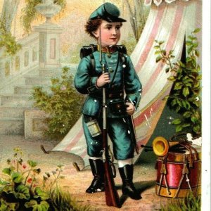 1880s US Military Band Boy Soldier Atlantic Pacific Tea Trade Card Knapp Eng C16 