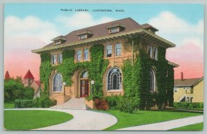 Ludington Michigan~Public Library~1940s Linen Postcard