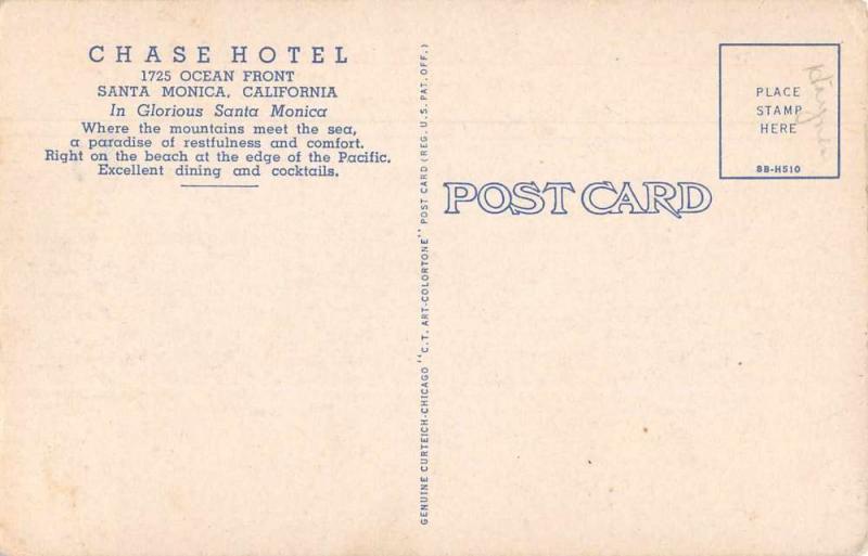 Santa Monica California Chase Hotel and Beach Scenic Antique Postcard J74654