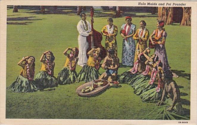 Hawaii Honolulu Hula Maids Musicians and Poi Pounder 1945 Curteich