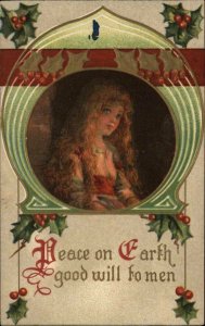 Christmas Art Nouveau Beautiful Young Girl Holly Border c1910 Vintage Postcard