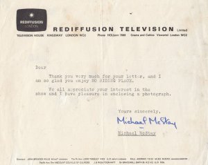 Michael McStay Doctor Who No Hiding Place TV Show Rediffusion Hand Signed Letter