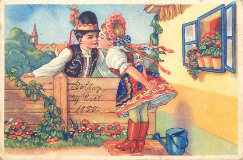 Holidays & celebrations seasonal greetings Hungary 1950 traditional costume kiss
