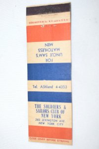 The Soldiers and Sailors Club of New York 20 Front Strike Matchbook Cover