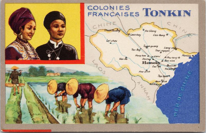 Tonkin French Colonies Vietnam Map Multiview Postcard E52