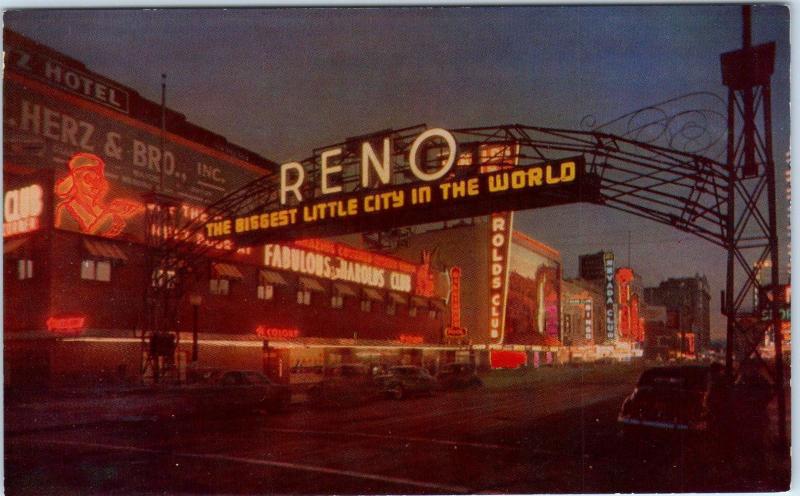 RENO, NV Nevada   NITE STREET SCENE & ARCH   c1940s  Cars   Postcard 