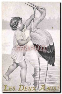 Old Postcard Fun Children Stork