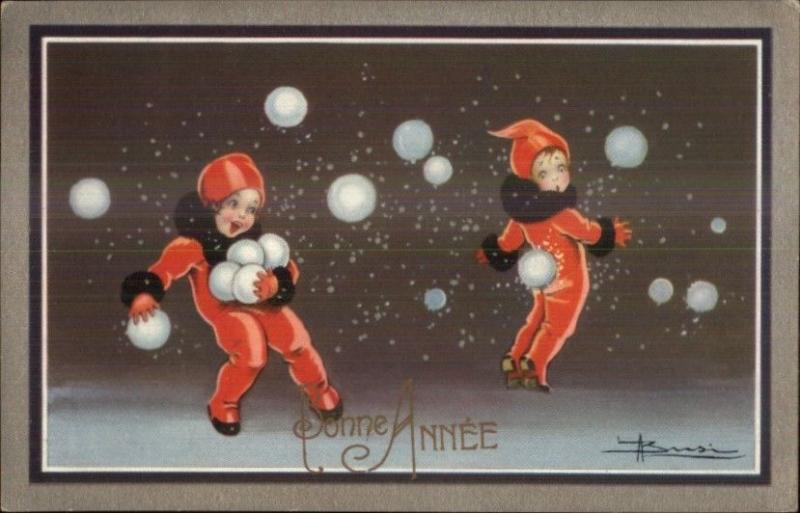 BUSI Art Deco Children Snowball Fight Bonne Annee New Year c1920 Postcard