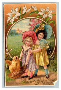 Vintage 1908 Easter Postcard Cute Children Giant Chick in Basket White Flowers