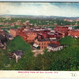 1907 Eau Claire, Wis. Birds Eye View Downtown Litho Photo Postcard Main St A23
