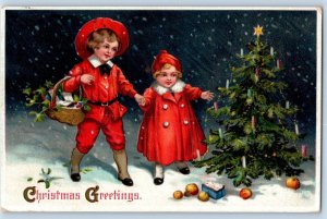 Christmas Postcard Greetings Childrens On Winter Scene Berries Embossed 1911