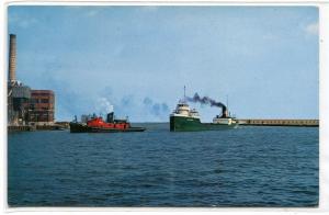 Tug Towing Great Lakes Steamer Milwaukee Harbor Wisconsin postcard