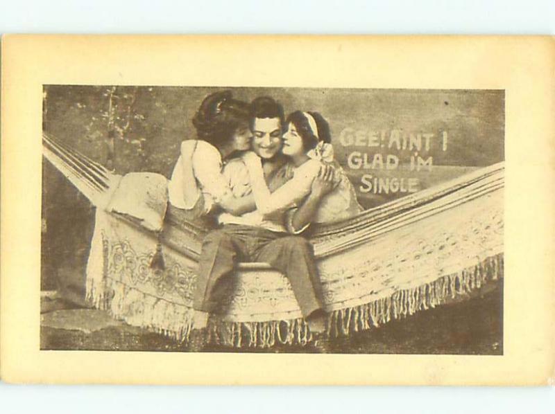 Pre-Linen Risque MAN IN HAMMOCK WITH TWO SEXY GIRLS AB8237