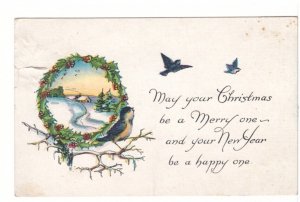 Merry Christmas, Happy New Year, Birds, Wreath, 1924 Winter Rural Scene Postcard