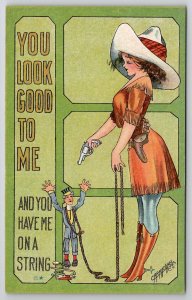 Carmichael Superior Woman Cowgirl Roped Little Man You Have Me Postcard L36