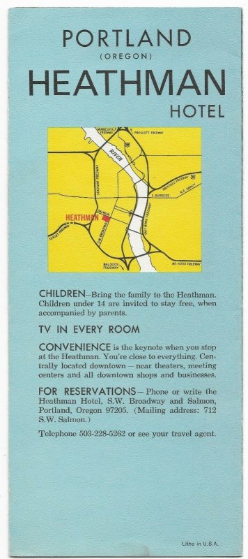 Vintage Late 1960s / Early 1970s HEATHMAN HOTEL Portland Oregon HOTEL BROCHURE 