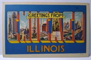 Greetings From Chicago Illinois Large City Letter Postcard Linen Tichnor Unused