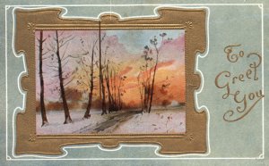 Vintage Postcard 1910's To Greet You Winter Snowy Trees In Unique Brown Framed