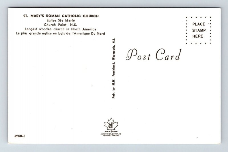 St Marys Roman Catholic Church Eglise Ste Marie Point NS Canada Postcard UNP VTG 