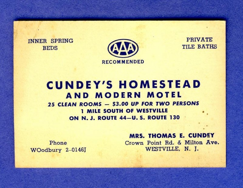 Cundey's Motel Business Card/Mini-Postcard, Westville, New Jersey/NJ