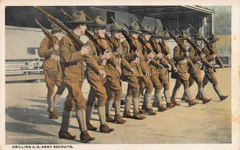 Drilling U.S. Army Recruits, Early Postcard, Unused, International Film Service