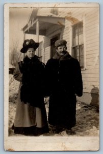 1910 Couple House Front Winter Scene Emerson Nebraska NE RPPC Photo Postcard