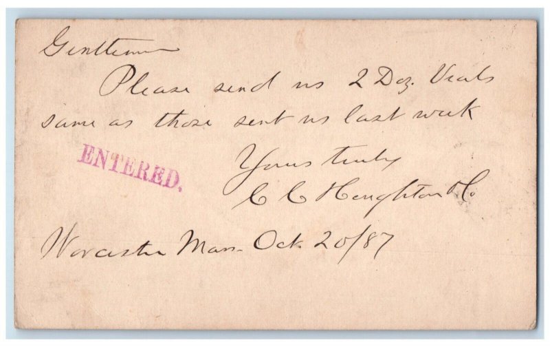 1887 Converse Standwood Worchester MA Boston MA Entered Stamp Postal Card