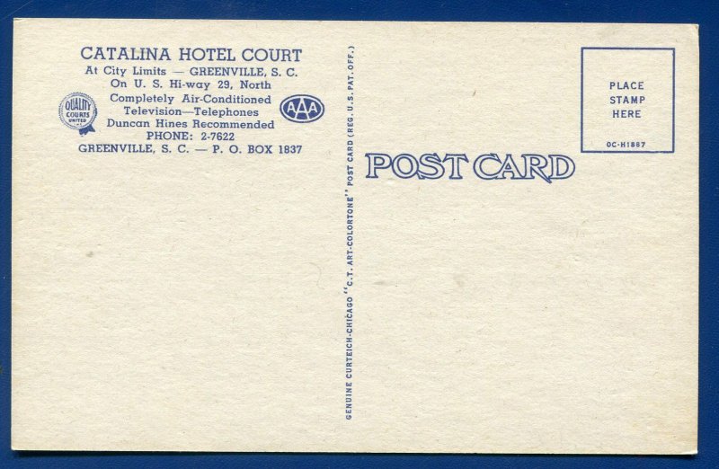 The Catalina Hotel Court Motel Greenville South Carolina sc linen postcard