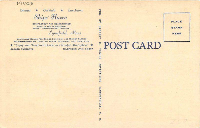 1940s Ships Haven Restaurant Lynnfield Massachusetts linen Thwing postcard 8640