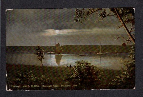 ME Moonlight Baileys Island Mackerel Cove Vintage Postcard Sailboats Ships Boats