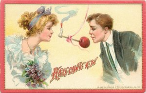 Tuck Halloween Postcard 174 Candle &Apple on Stick Between Man & Woman, Brundage