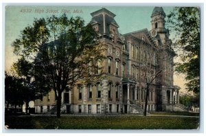 1912 High School Building Exterior Trees Scene Flint Michigan MI Posted Postcard