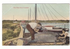 The First One I Landed, Exaggerated Fish, Fishermen, Antique 1913 Postcard