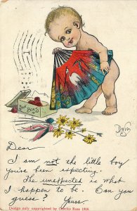 S/A Dwig Postcard Baby With Japanese Fan, Stork, Flowers, American Flag Ribbon