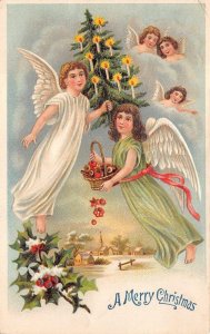 CHRISTMAS HOLIDAY ANGELS & TREE EMBOSSED POSTCARD 1909
